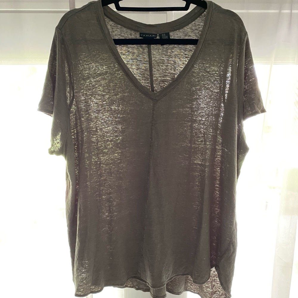 Army Green 100% Linen V-Neck Tee